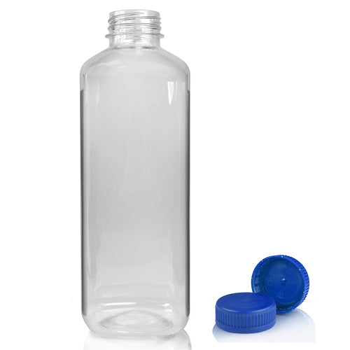 1000ml Clear PET Square Plastic Juice Bottle (38mm Neck) (Wholesale) - 38mm Blue T/E Bottle Cap - - Pallet Quantity - 728