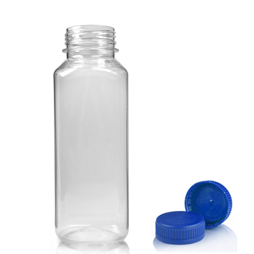 250ml Clear PET Square Juice Bottle With Blue T/E Juice Cap (Wholesale) - Pallet Quantity - 2376