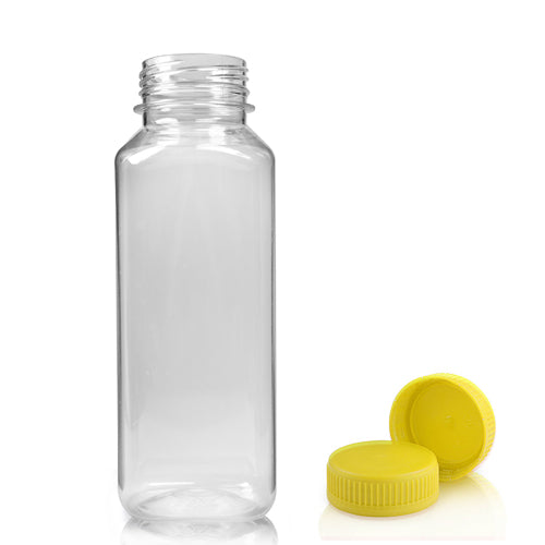 250ml Clear PET Square Juice Bottle With Yellow T/E Juice Cap (Wholesale) - Pallet Quantity - 2376