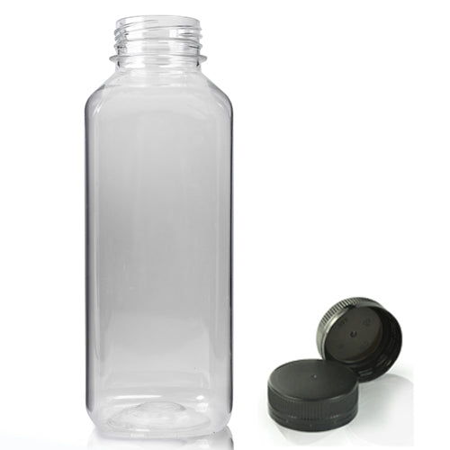 300ml Clear PET Square Juice Bottle (38mm Neck) (Wholesale) - 38mm Black T/E Bottle Cap - Pallet Quantity - 2376
