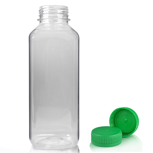 300ml Clear PET Square Juice Bottle (38mm Neck) (Wholesale) - 38mm Green T/E Bottle Cap - Pallet Quantity - 2376