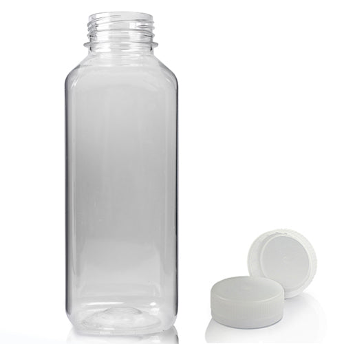 300ml Clear PET Square Juice Bottle (38mm Neck) (Wholesale) - 38mm Natural T/E Bottle Cap - Pallet Quantity - 2376