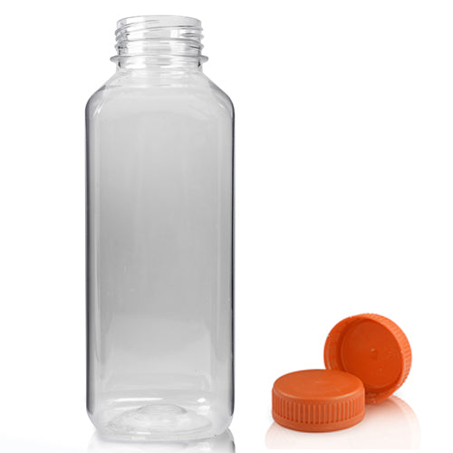 300ml Clear PET Square Juice Bottle With 38mm Orange T/E Juice Cap