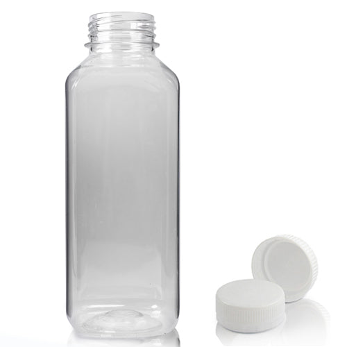 300ml Clear PET Square Juice Bottle (38mm Neck) (Wholesale) - 38mm White T/E Bottle Cap - Pallet Quantity - 2376