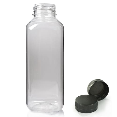 500ml Clear PET Square Plastic Juice Bottle (38mm Neck) (Wholesale) - 38mm Black T/E Bottle Cap - Pallet Quantity - 1350