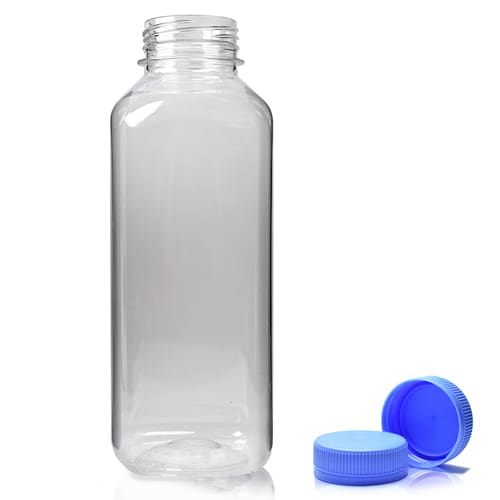 500ml Clear PET Square Plastic Juice Bottle (38mm Neck) (Wholesale) - 38mm Blue T/E Bottle Cap - Pallet Quantity - 1350