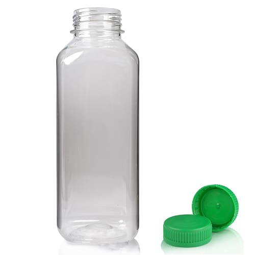 500ml Clear PET Square Plastic Juice Bottle (38mm Neck) (Wholesale) - 38mm Green T/E Bottle Cap - Pallet Quantity - 1350