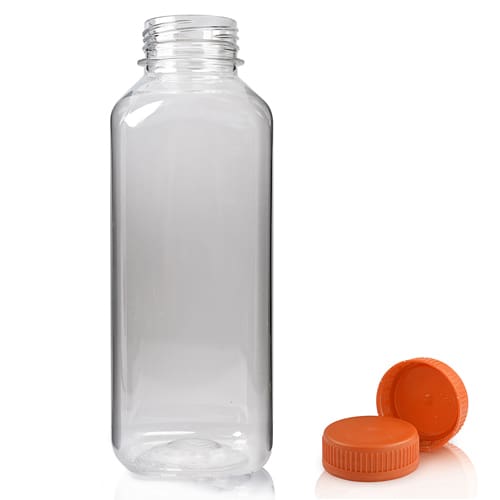 500ml Clear PET Square Plastic Juice Bottle (38mm Neck) (Wholesale) - 38mm Orange T/E Bottle Cap - Pallet Quantity - 1350