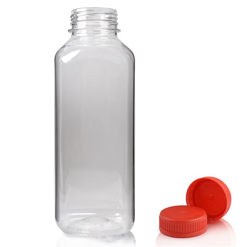 500ml Clear PET Square Plastic Juice Bottle (38mm Neck) (Wholesale) - 38mm Red T/E Bottle Cap - Pallet Quantity - 1350