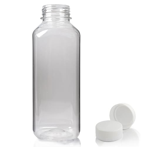 500ml Clear PET Square Plastic Juice Bottle (38mm Neck) (Wholesale) - 38mm White T/E Bottle Cap - Pallet Quantity - 1350