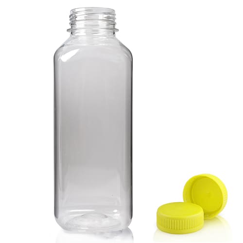 500ml Clear PET Square Plastic Juice Bottle With 38mm Yellow T/E Juice Cap