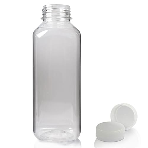 500ml Clear PET Square Plastic Juice Bottle (38mm Neck) (Wholesale) - 38mm Natural T/E Bottle Cap - Pallet Quantity - 1350