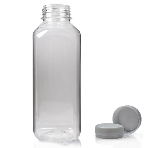 500ml Clear PET Square Plastic Juice Bottle (38mm Neck) (Wholesale) - 38mm Silver T/E Bottle Cap - Pallet Quantity - 1350