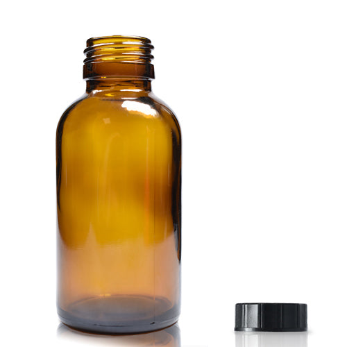 100ml Amber Glass Boston Bottle & PP Screw Cap - Black