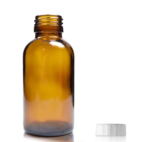 100ml Amber Glass Boston Bottle & PP Polycone Cap - White