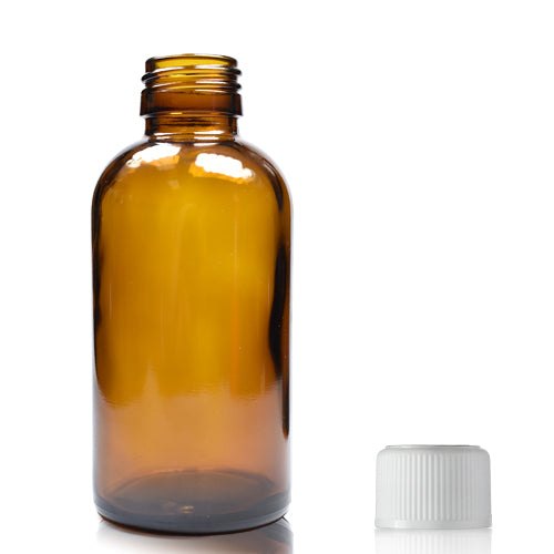 150ml Amber Glass Boston Bottle & 28mm White CR Cap