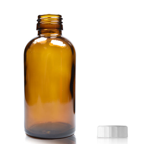 150ml Amber Glass Boston Bottle & PP Polycone Cap - White