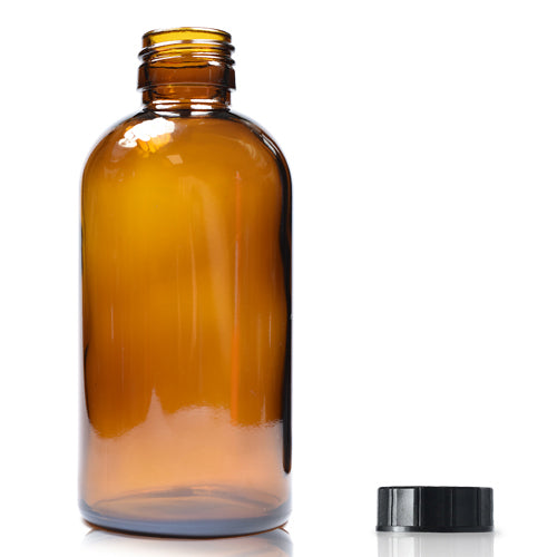 200ml Amber Glass Boston Bottle & PP Polycone Cap - Black