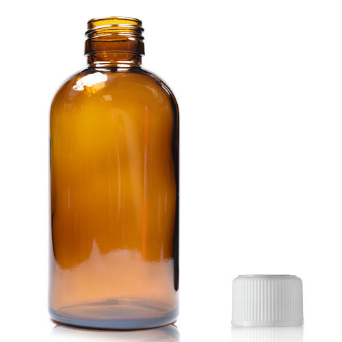 200ml Amber Glass Boston Bottle & 28mm White CR Cap