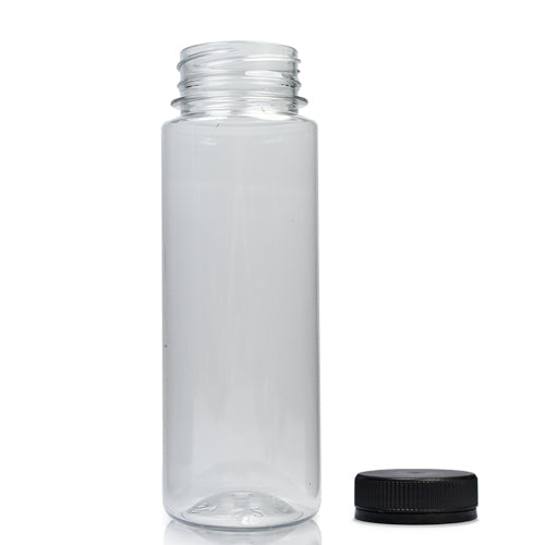 200ml Slim Plastic Juice Bottle (38mm Neck) (Wholesale) - 38mm Black T/E Bottle Cap