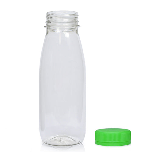 250ml Classic Clear 30% RPET Juice Bottle (Wholesale) - 38mm Green T/E Bottle Cap