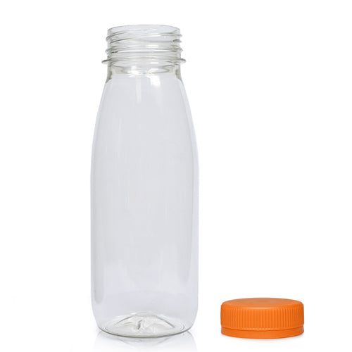 250ml Classic Clear 30% RPET Juice Bottle (Wholesale) - 38mm Orange T/E Bottle Cap