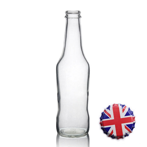 275ml Clear Glass Curvy Beer Bottle & Crown Cap - Union Jack