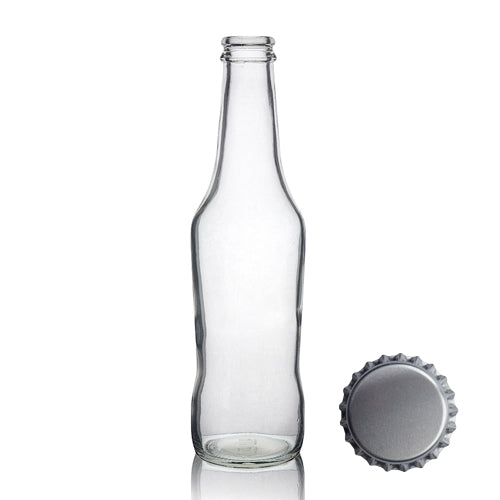 275ml Clear Glass Curvy Beer Bottle & Crown Cap - Silver