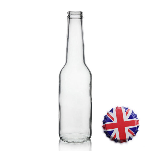 275ml Clear Glass 'Ice' Beer Bottle & Crown Cap - Union Jack