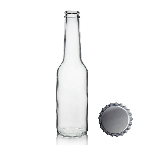 275ml Clear Glass 'Ice' Beer Bottle & Crown Cap - Silver