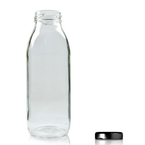 300ml Clear Glass Milk/Juice Bottle & Twist Off Cap - Black