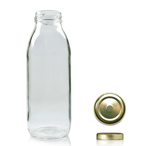 300ml Clear Glass Milk/Juice Bottle & Twist Off Cap - Gold (Button Top)