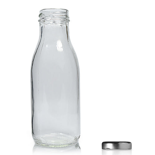 300ml Clear Glass Milk/Juice Bottle & 38mm Twist Off Cap - Silver