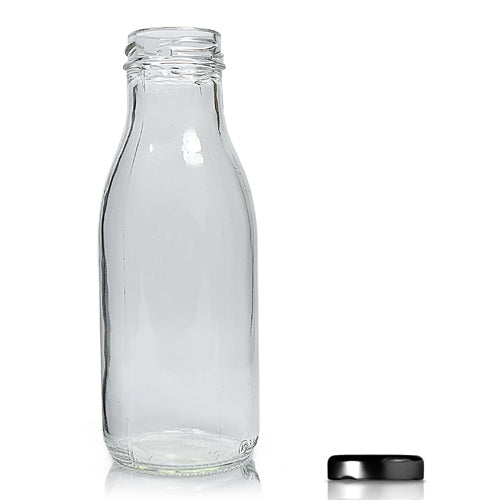 300ml Clear Glass Milk/Juice Bottle & 38mm Twist Off Cap - Black