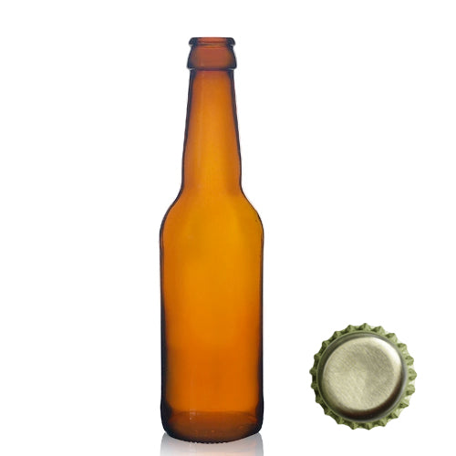 330ml Amber Glass Beer Bottle & Crown Cap - Gold