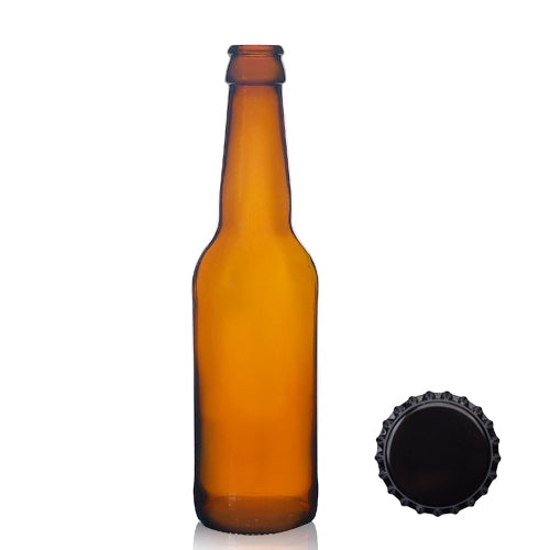 330ml Amber Glass Beer Bottle & Crown Cap - Black