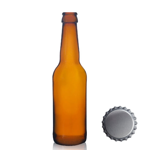 330ml Amber Glass Beer Bottle & Crown Cap - Silver