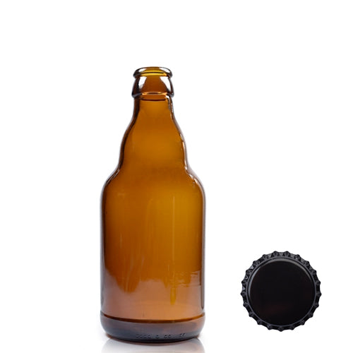 330ml Amber Glass Belgian Beer Bottle & Crown Cap - Black
