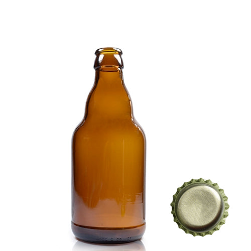330ml Amber Glass Belgian Beer Bottle & Crown Cap - Gold
