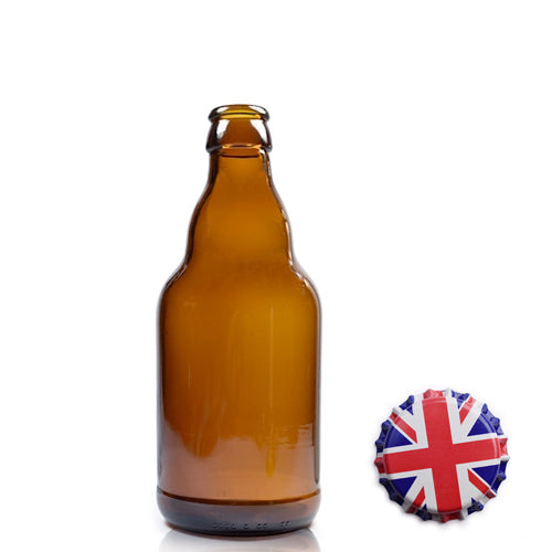 330ml Amber Glass Belgian Beer Bottle & Crown Cap - Union Jack