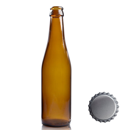 330ml Amber Glass Homebrew Bottle & Crown Cap - Silver
