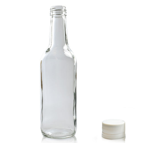 330ml Clear Glass Water Bottle & Cap - White