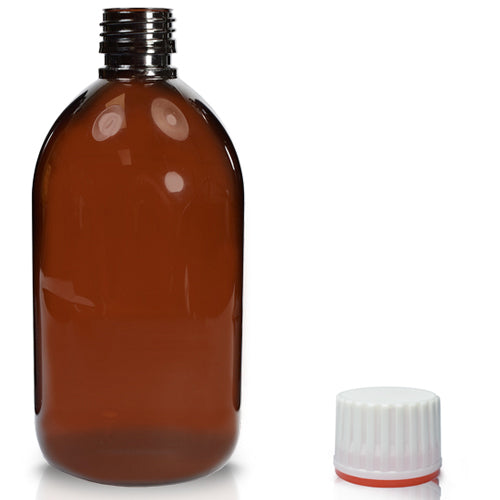 500ml Amber PET Sirop Bottle & 28mm (Red Band) T/E Cap