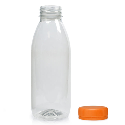 500ml Classic Clear 30% RPET Juice Bottle (Wholesale) - 38mm Orange T/E Bottle Cap