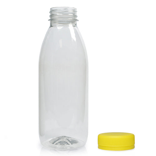 500ml Classic Clear 30% RPET Juice Bottle (Wholesale) - 38mm Yellow T/E Bottle Cap
