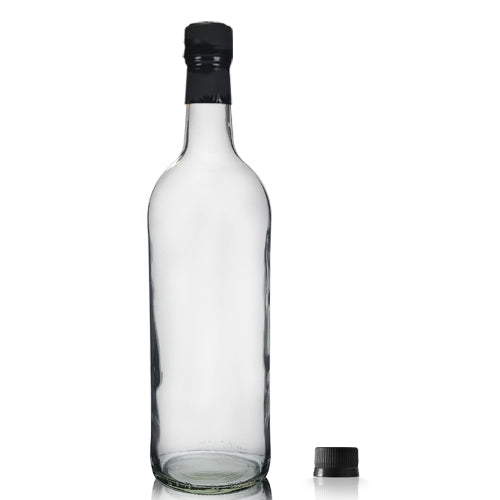 1 Litre Clear Glass Wine Bottle With Black Screw Cap with Tear Off Wrap