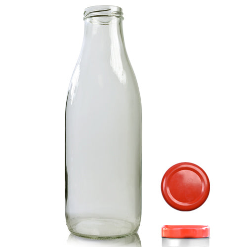 1000ml Clear Glass Milk Bottle With Twist Off Cap - Red