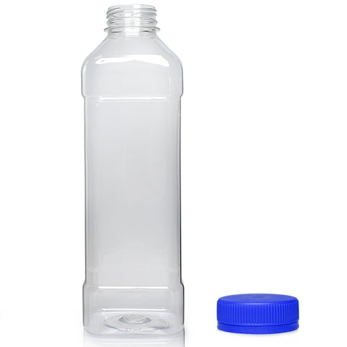 1000ml Clear PET Square Plastic Juice Bottle (38mm Neck) (Wholesale) - 38mm Blue T/E Bottle Cap