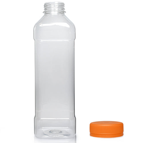 1000ml Clear PET Square Plastic Juice Bottle (38mm Neck) (Wholesale) - 38mm Orange T/E Bottle Cap