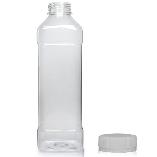 1000ml Clear PET Square Plastic Juice Bottle (38mm Neck) (Wholesale) - 38mm Silver T/E Bottle Cap